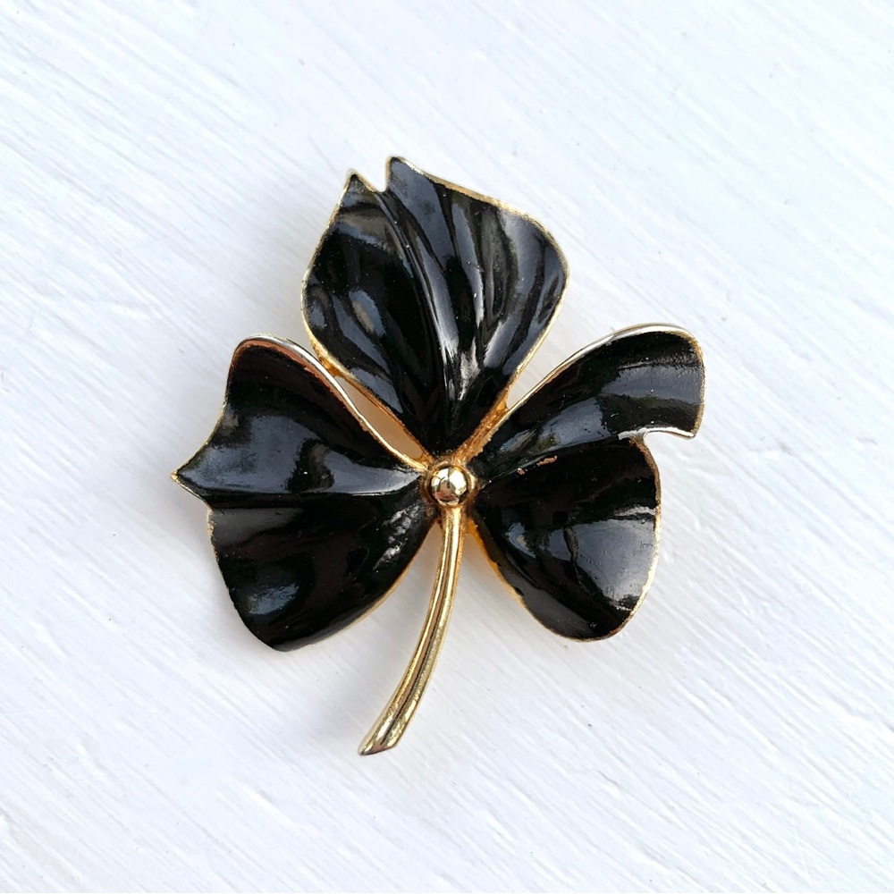 Vintage Torino black enamel golden leaf brooch pin signed - Picture 3 of 16